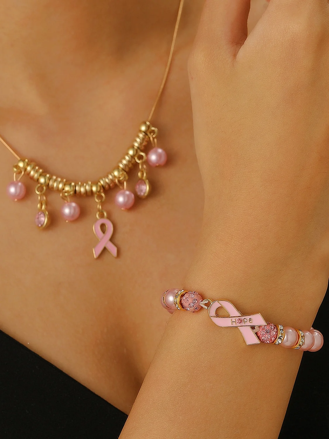 Breast Marker Real Gold Electroplated Pink Ribbon Women's Health Pearl Bracelet Necklace Set Ins Shambhala Jewelry