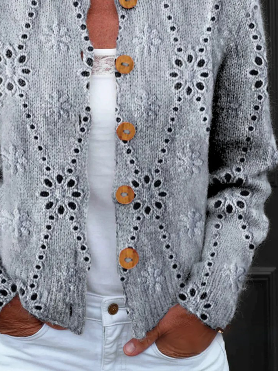 Women Knitted Geometric Long Sleeve Comfy Vintage Cardigan