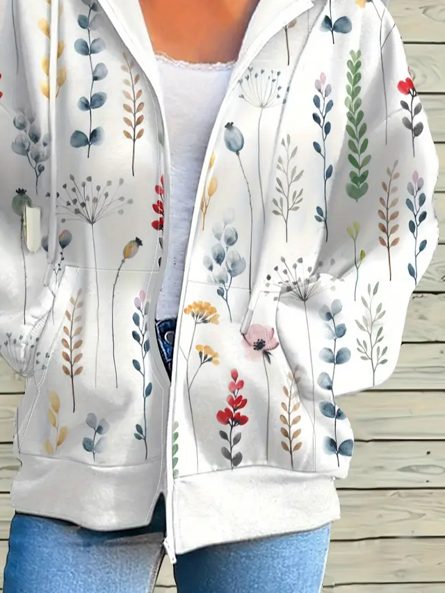 Women Spring/Fall Outerwear Casual Printing Floral Long Sleeve Hoodie Jacket