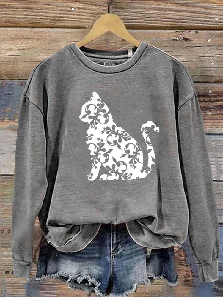 Vintage Cute Cat Art Print Crew Neck Comfy Sweatshirt