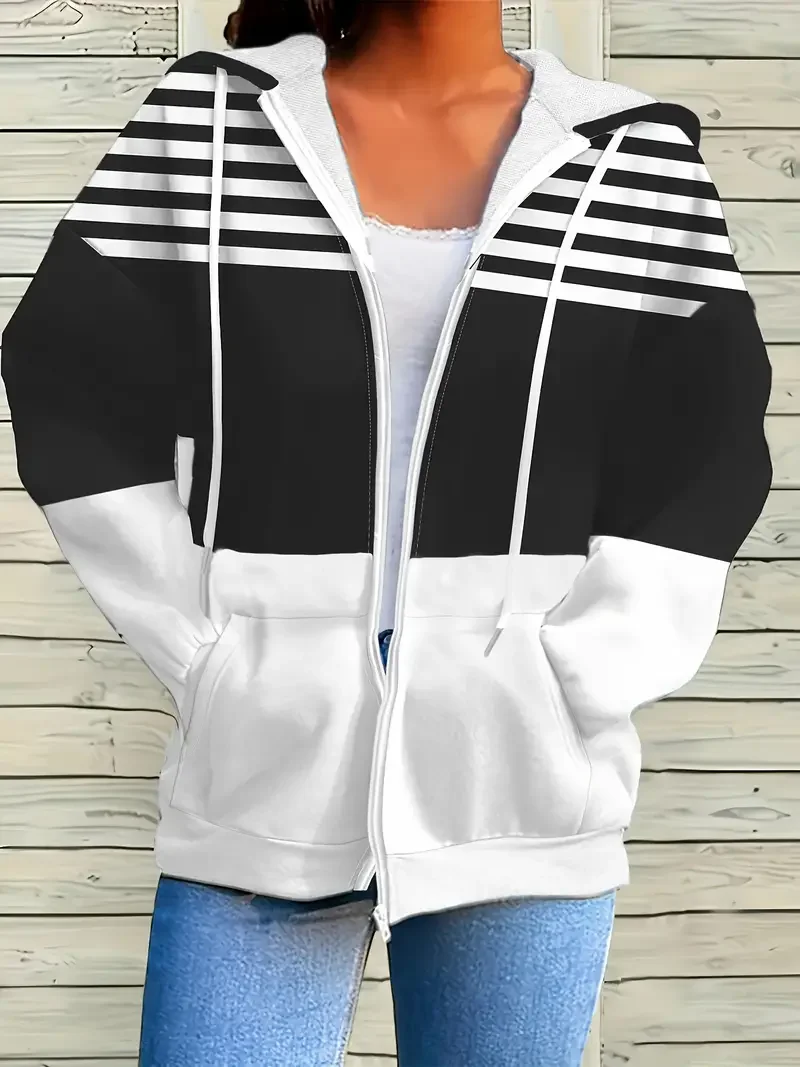 Women Spring/Fall Outerwear Casual Printing Striped Long Sleeve Hoodie Jacket