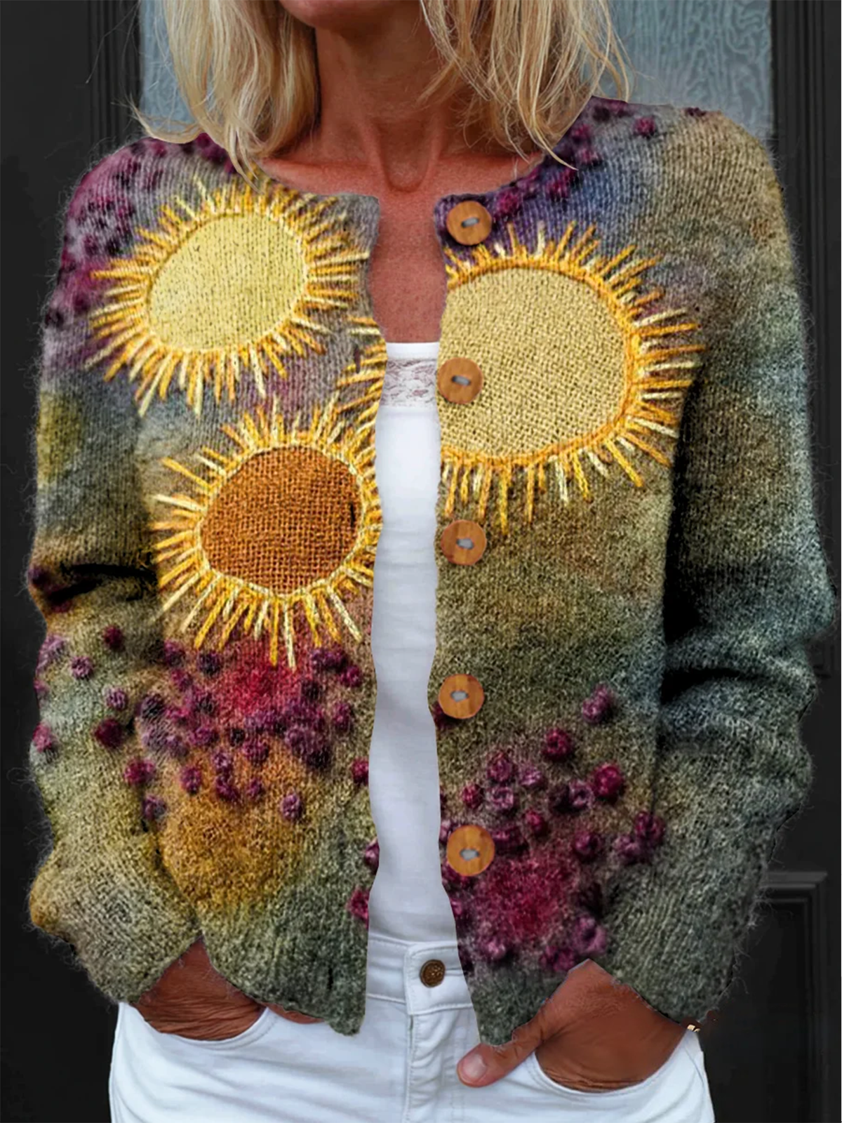 Women 3D Geometric Print Long Sleeve Comfy Vintage Cardigan