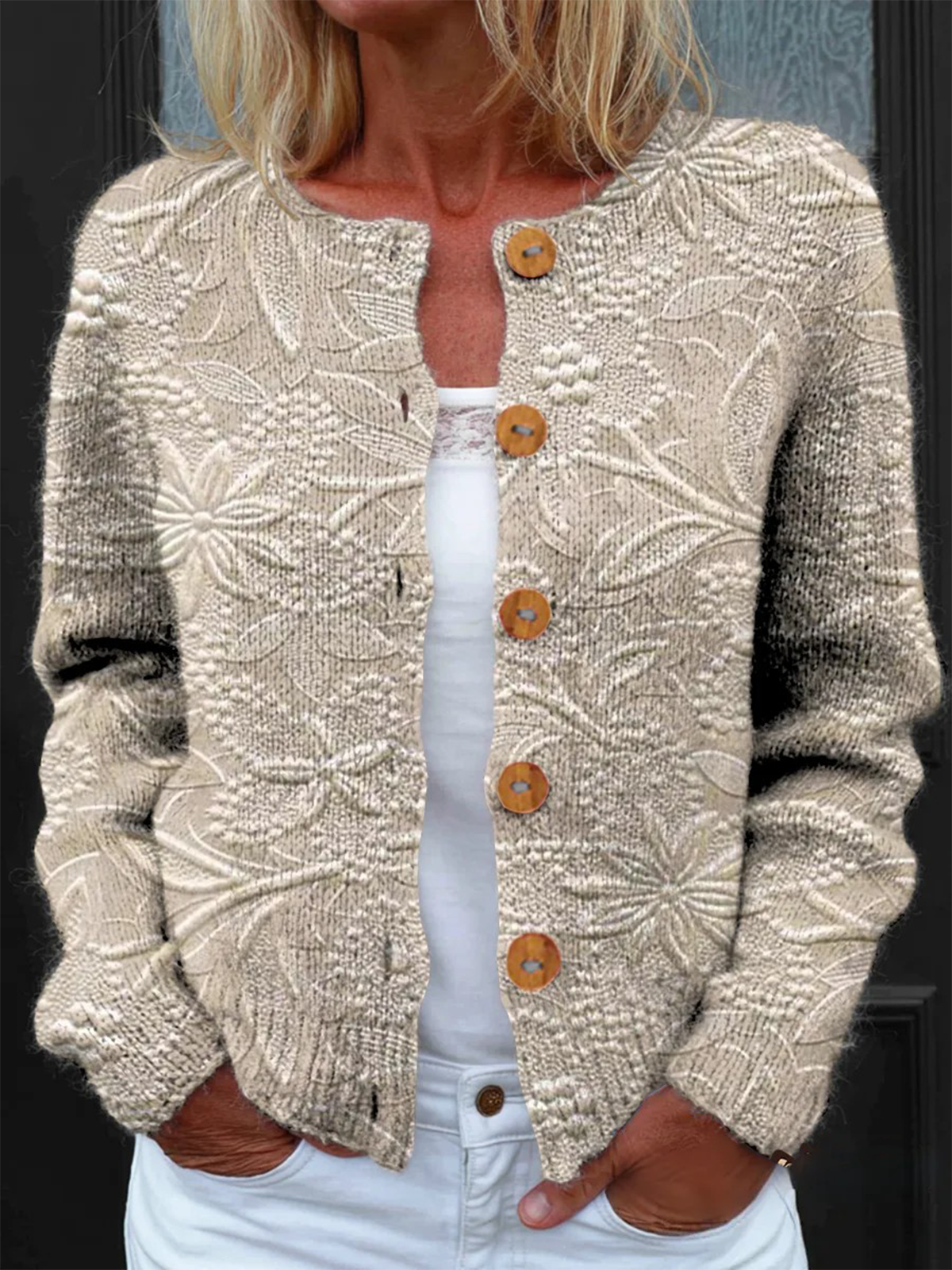 Women Knitted Floral Long Sleeve Comfy Vintage Cardigan