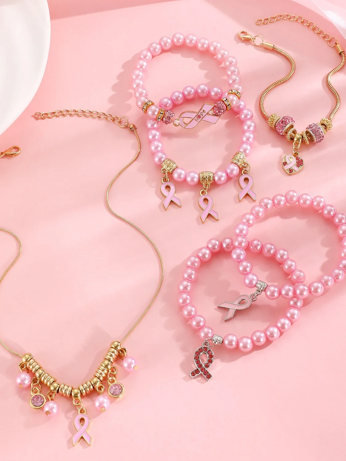 Breast Marker Real Gold Electroplated Pink Ribbon Women's Health Pearl Bracelet Necklace Set Ins Shambhala Jewelry