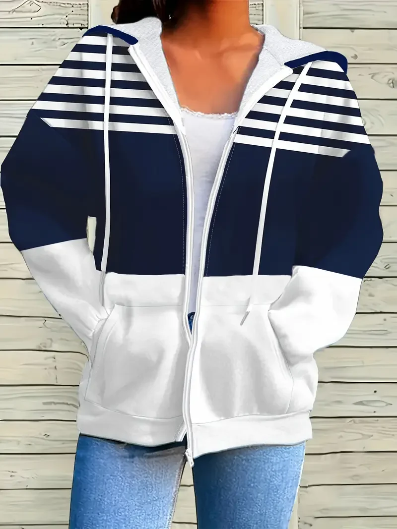 Women Spring/Fall Outerwear Casual Printing Striped Long Sleeve Hoodie Jacket