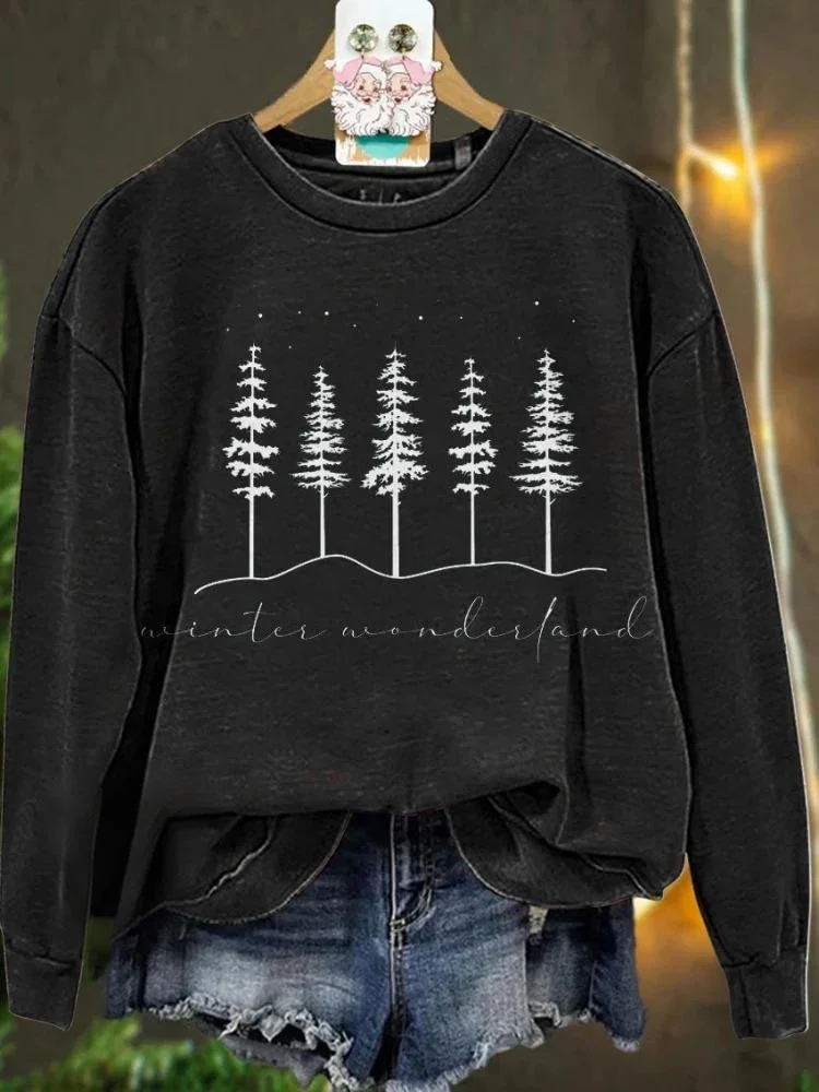 Vintage Crew Neck Christmas Tree Art Print Sweatshirt
