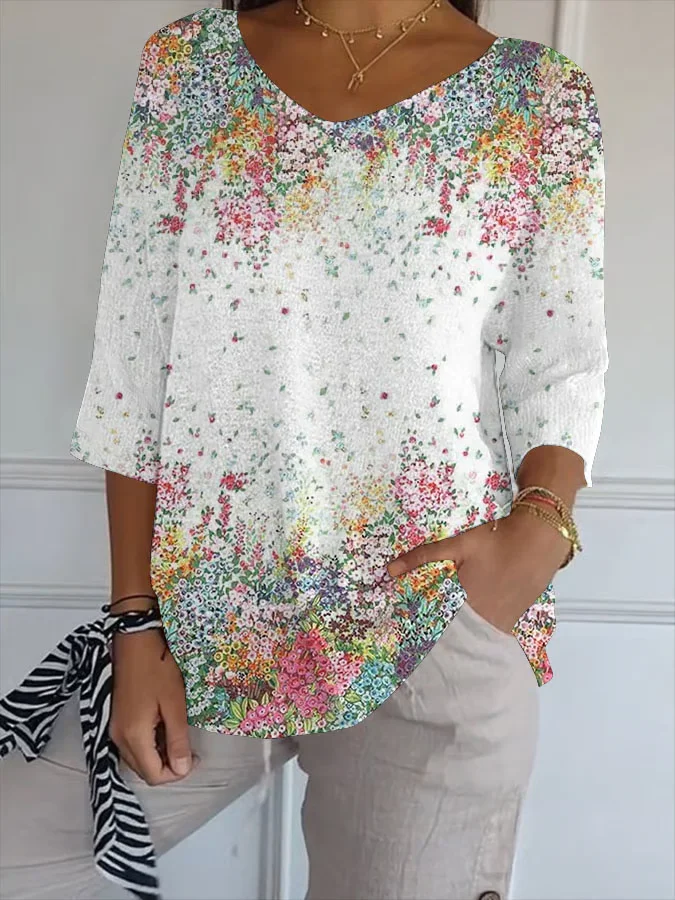 Casual Floral V Neck Three Quarter Sleeve T-shirt