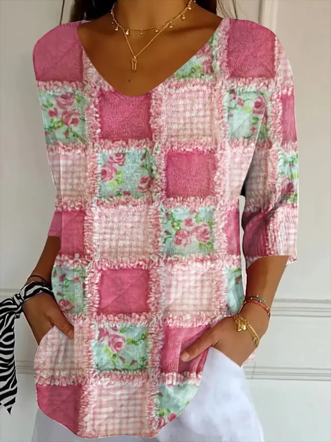 Casual Floral V Neck Three Quarter Sleeve T-shirt