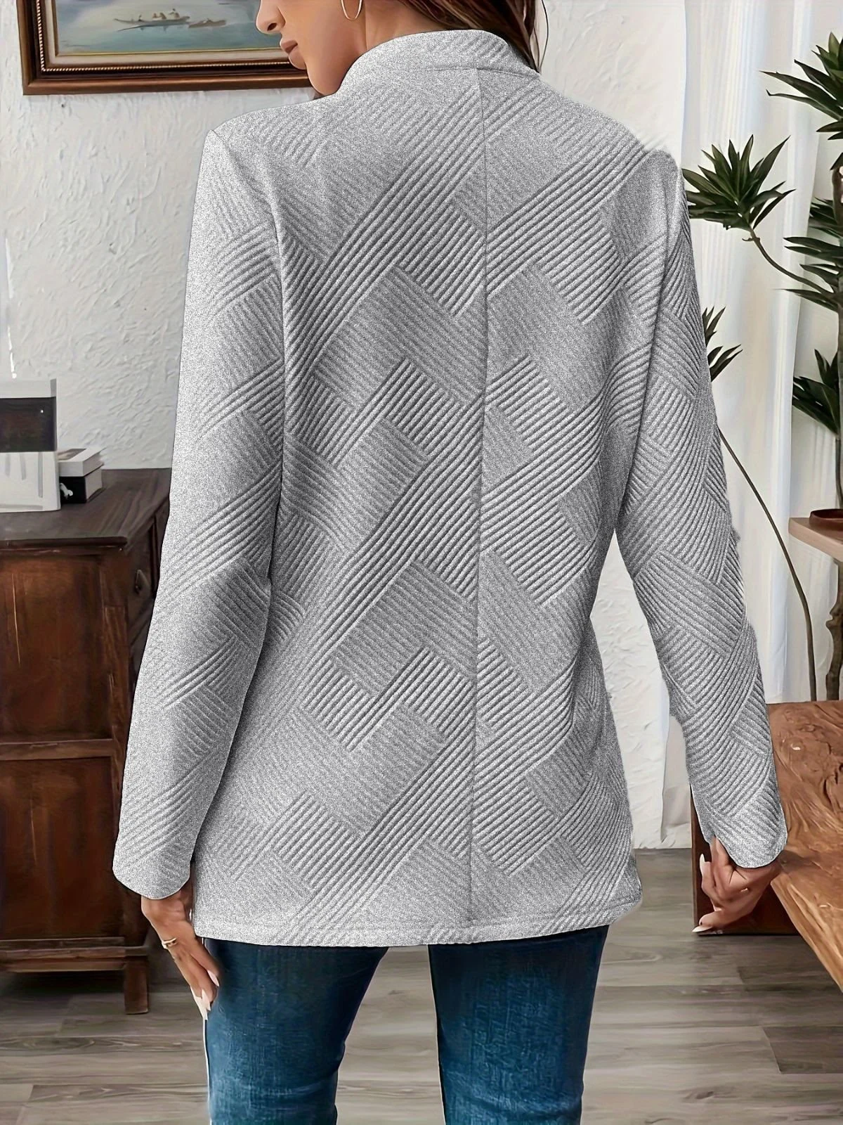 Women Plain Spring/Fall Outerwear Casual Long Sleeve Stand Collar Mid-long Blazer