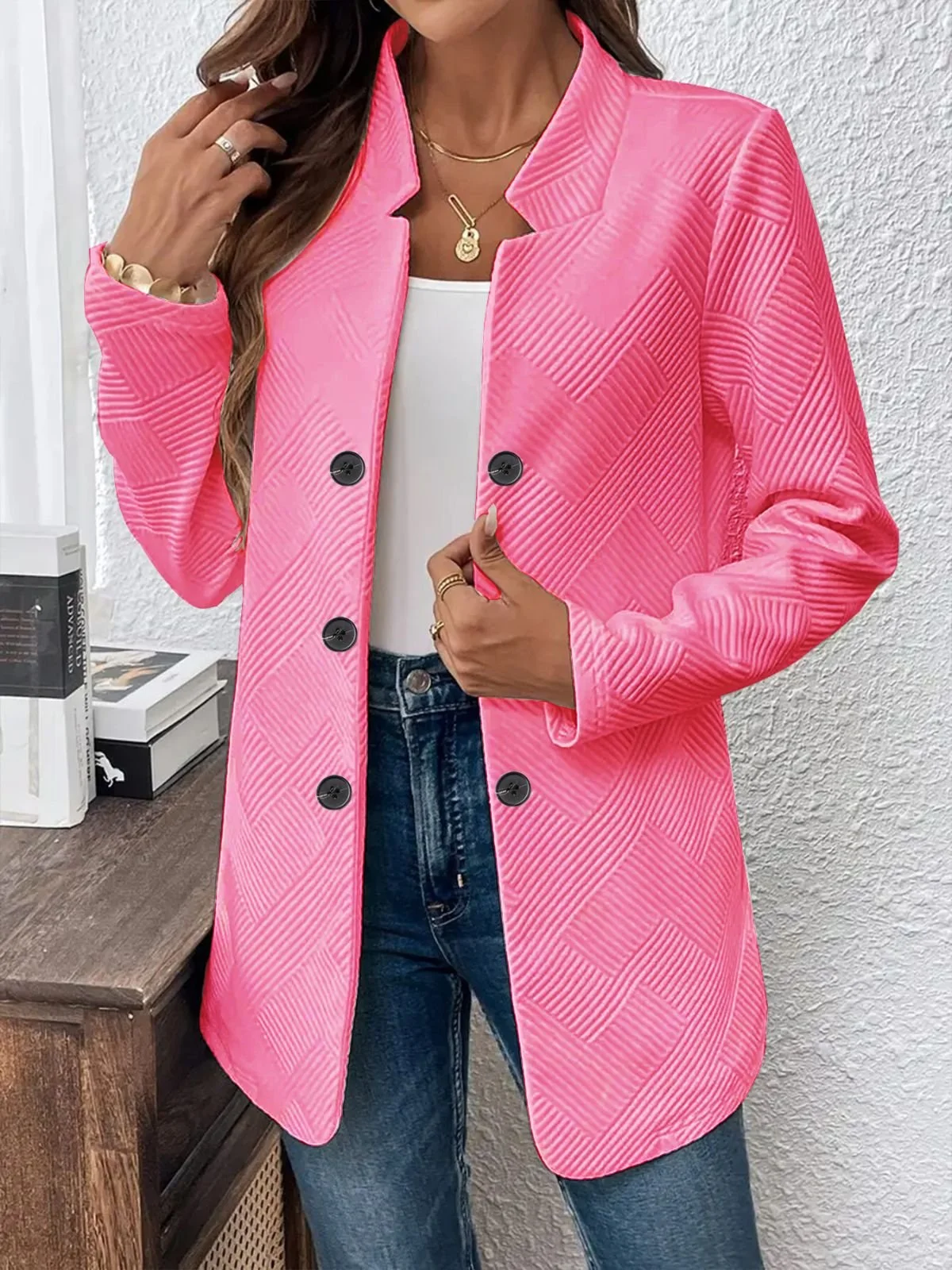 Women Plain Spring/Fall Outerwear Casual Long Sleeve Stand Collar Mid-long Blazer