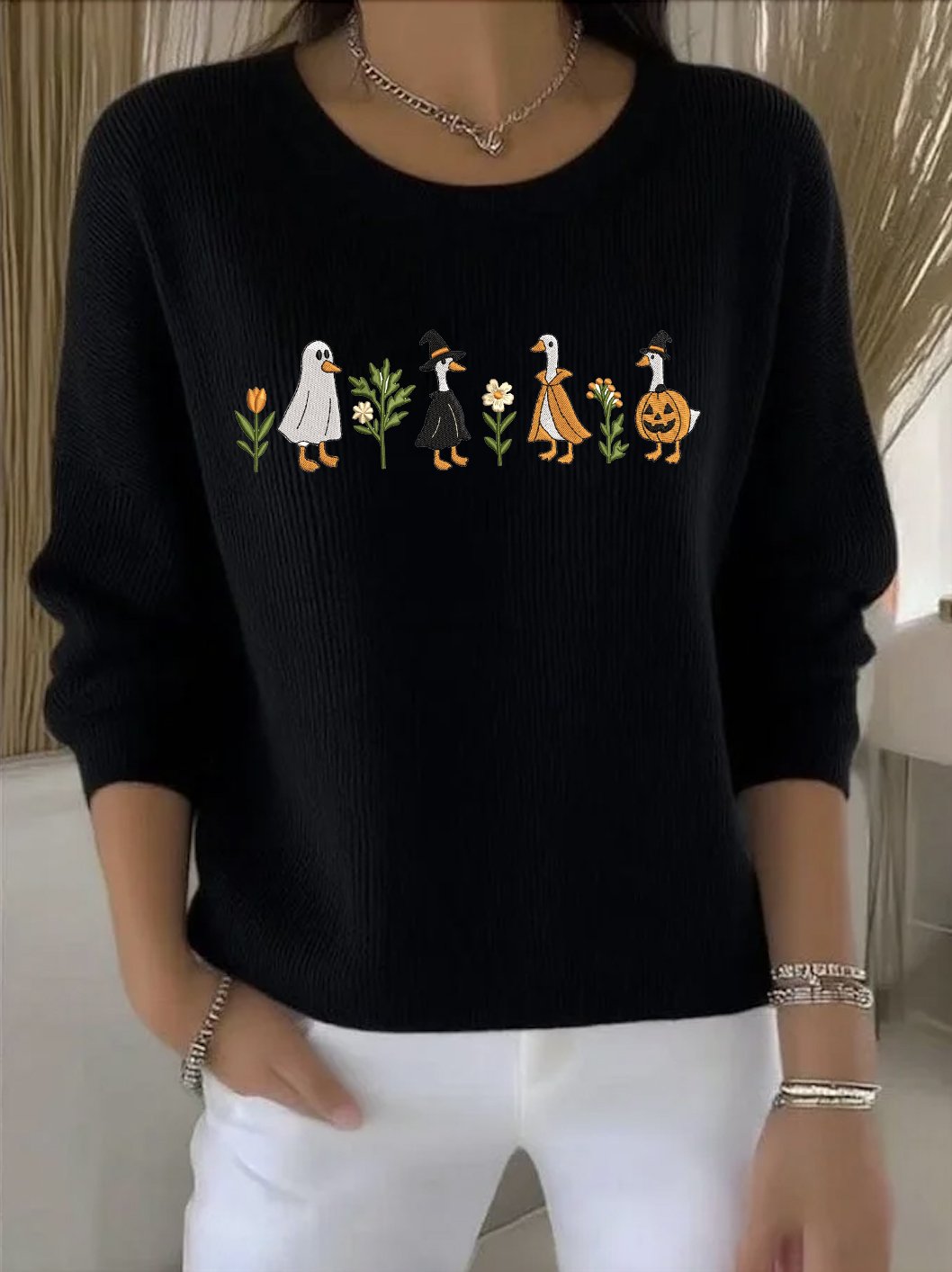Women Cotton Plants Long Sleeve Comfy Vintage Sweater