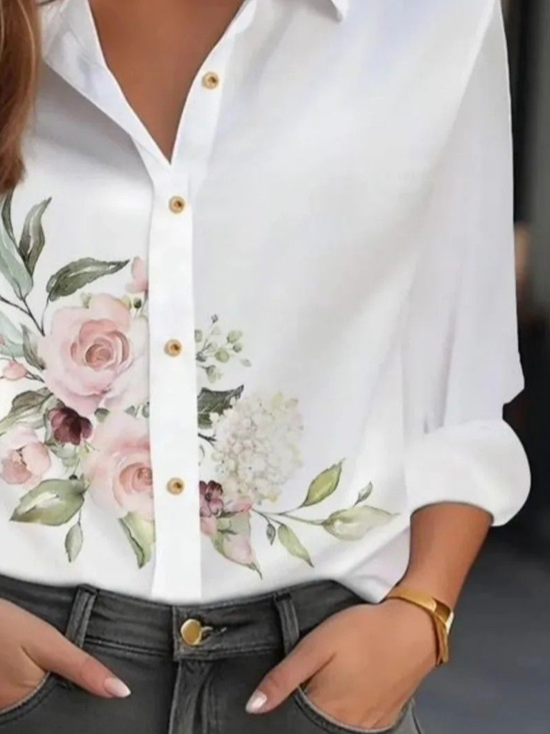 Shirt Collar Regular Sleeve Long Sleeve Floral Buckle Regular Loose Button Up Shirt Shirt For Women