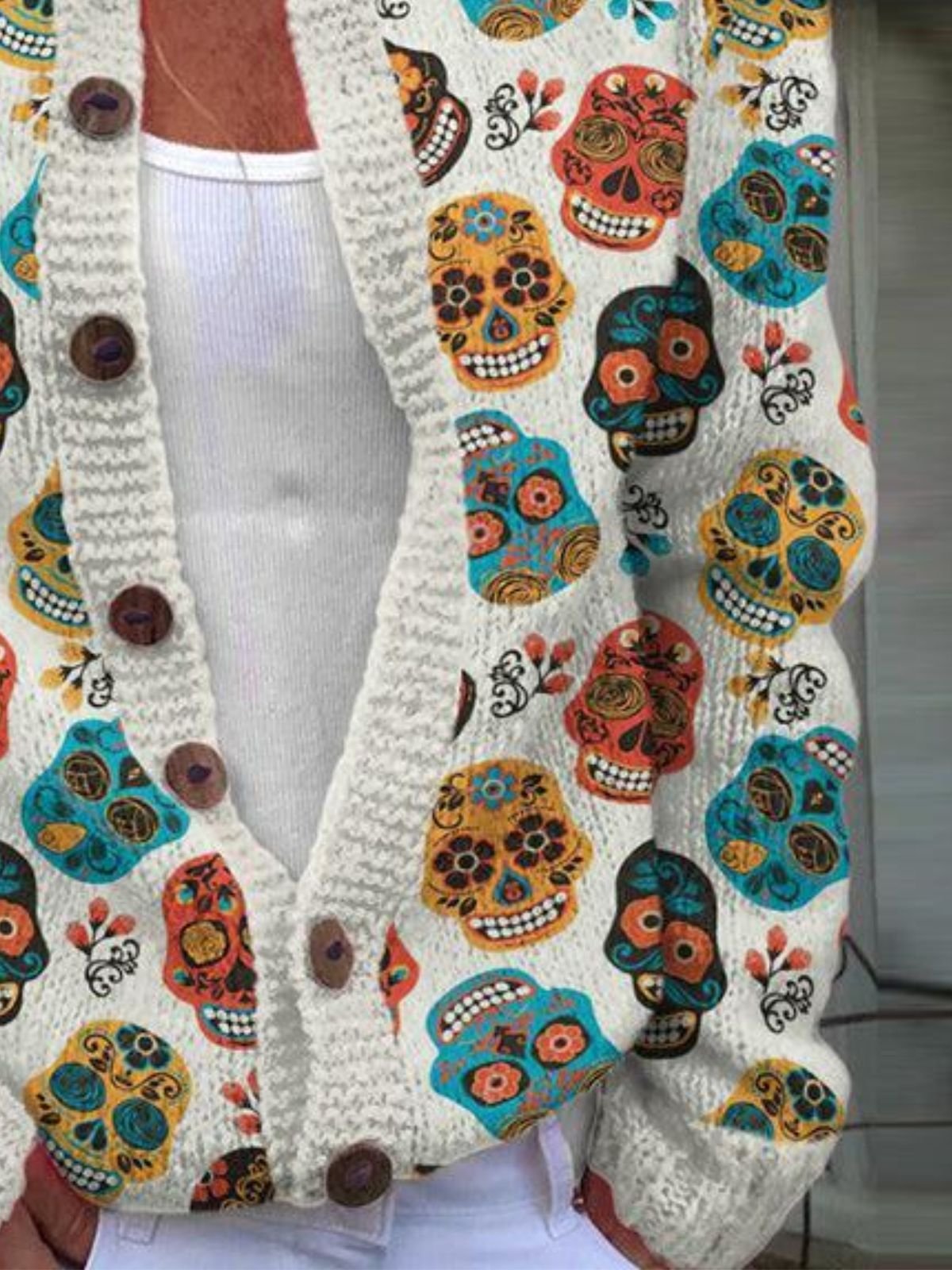 Women Halloween Skull Pattern Long Sleeve Comfy Casual Cardigan