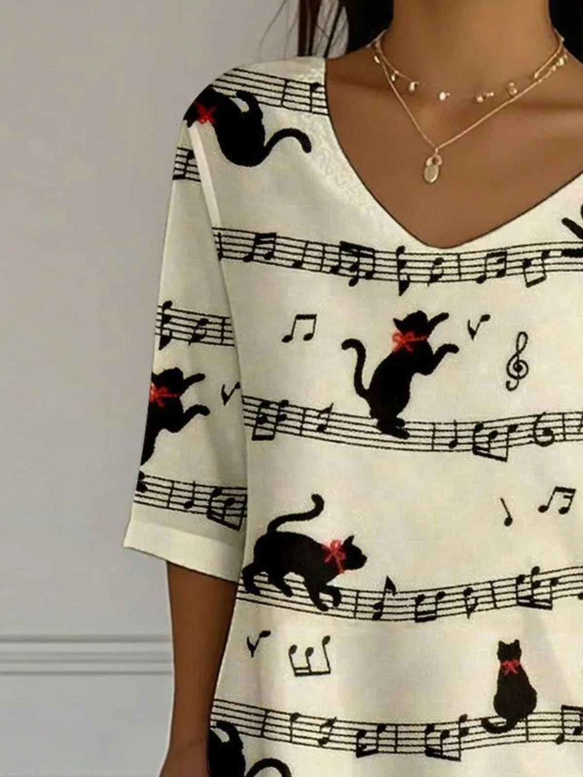 Vintage Cat And Music Art Print Crew Neck Three Quarter Sleeve T-shirt