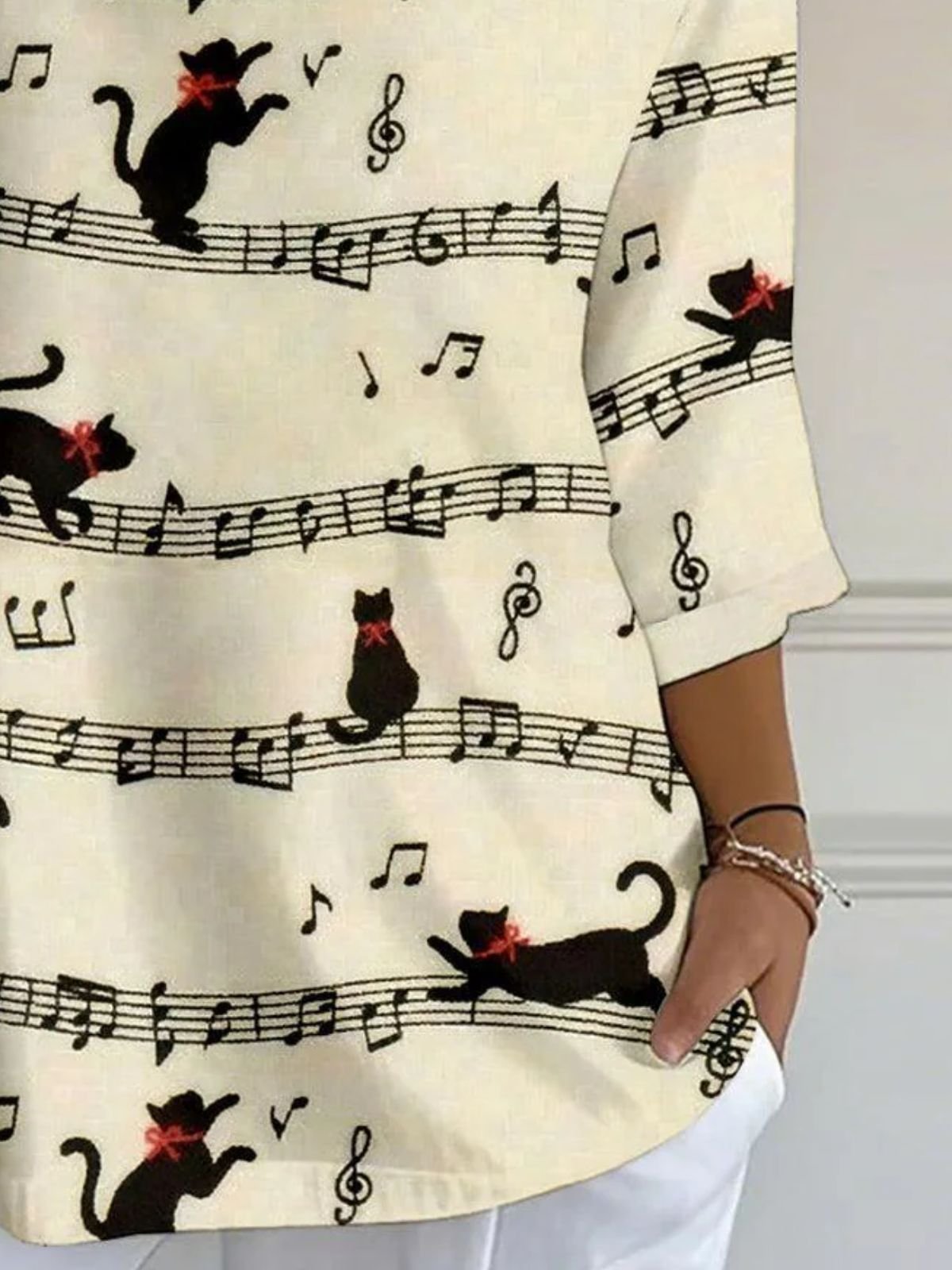 Vintage Cat And Music Art Print Crew Neck Three Quarter Sleeve T-shirt