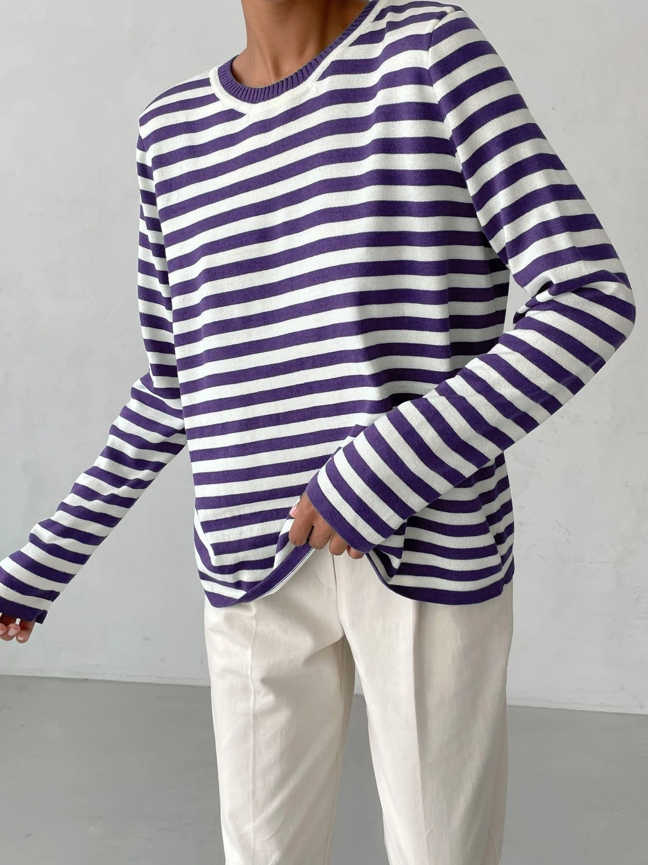 Women Striped Long Sleeve Comfy Street Split Joint Sweater