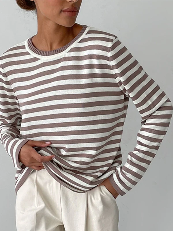 Women Striped Long Sleeve Comfy Street Split Joint Sweater