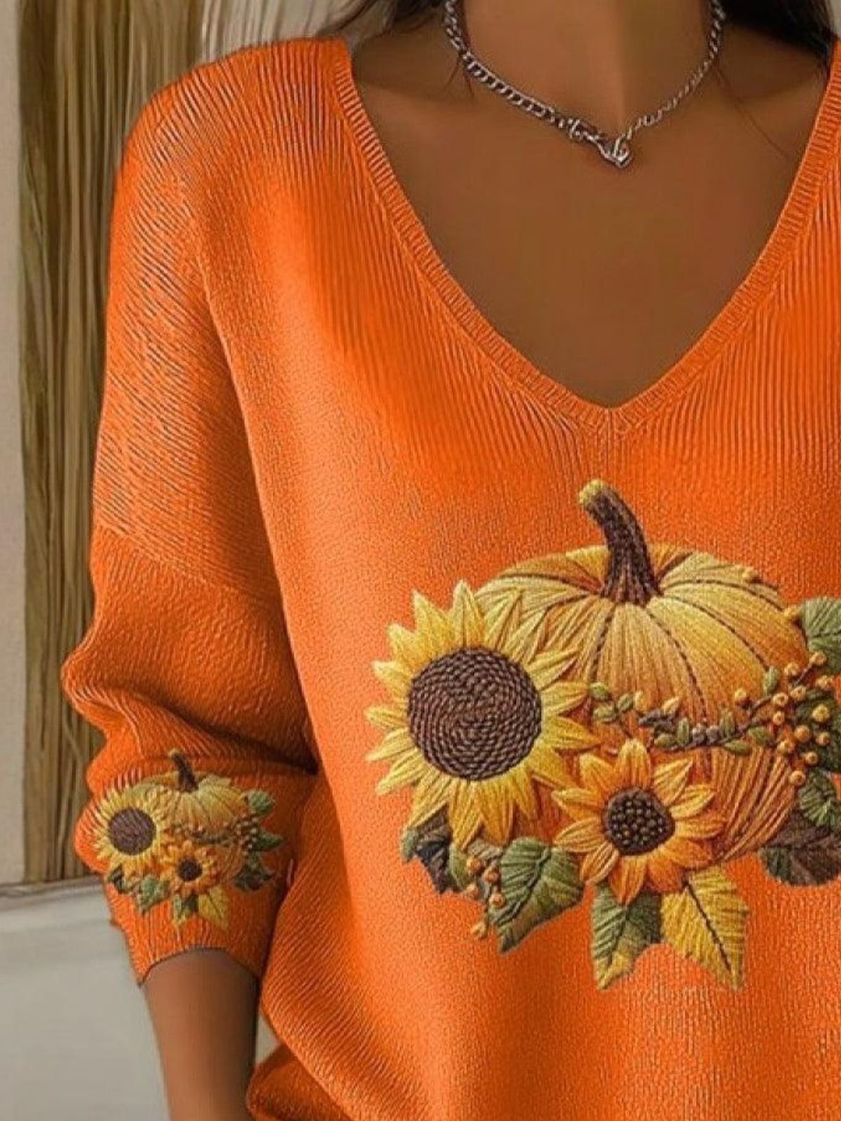 Women Cotton Sunflower And Pumpkin Long Sleeve Comfy Casual Sweater