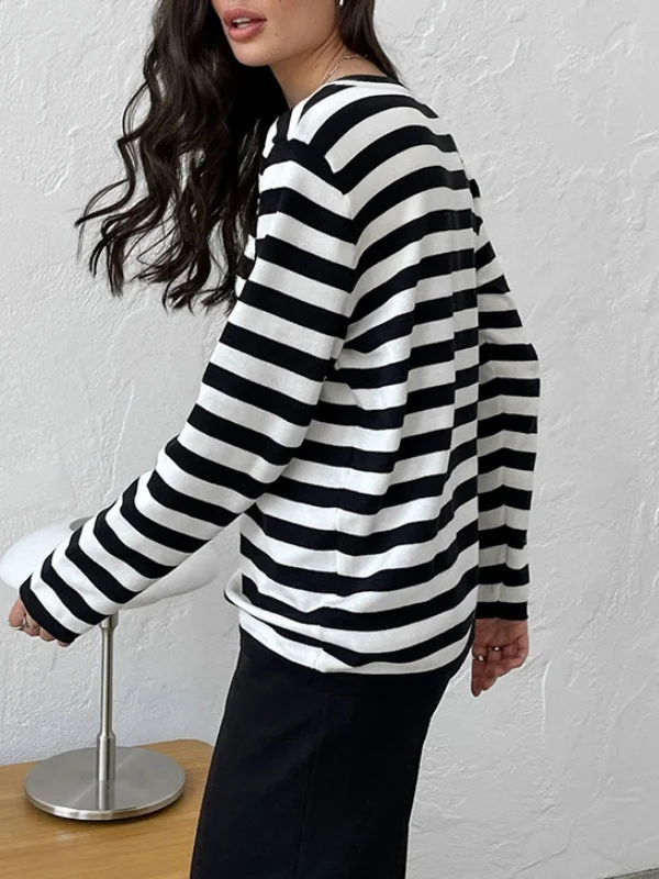 Women Striped Long Sleeve Comfy Street Split Joint Sweater