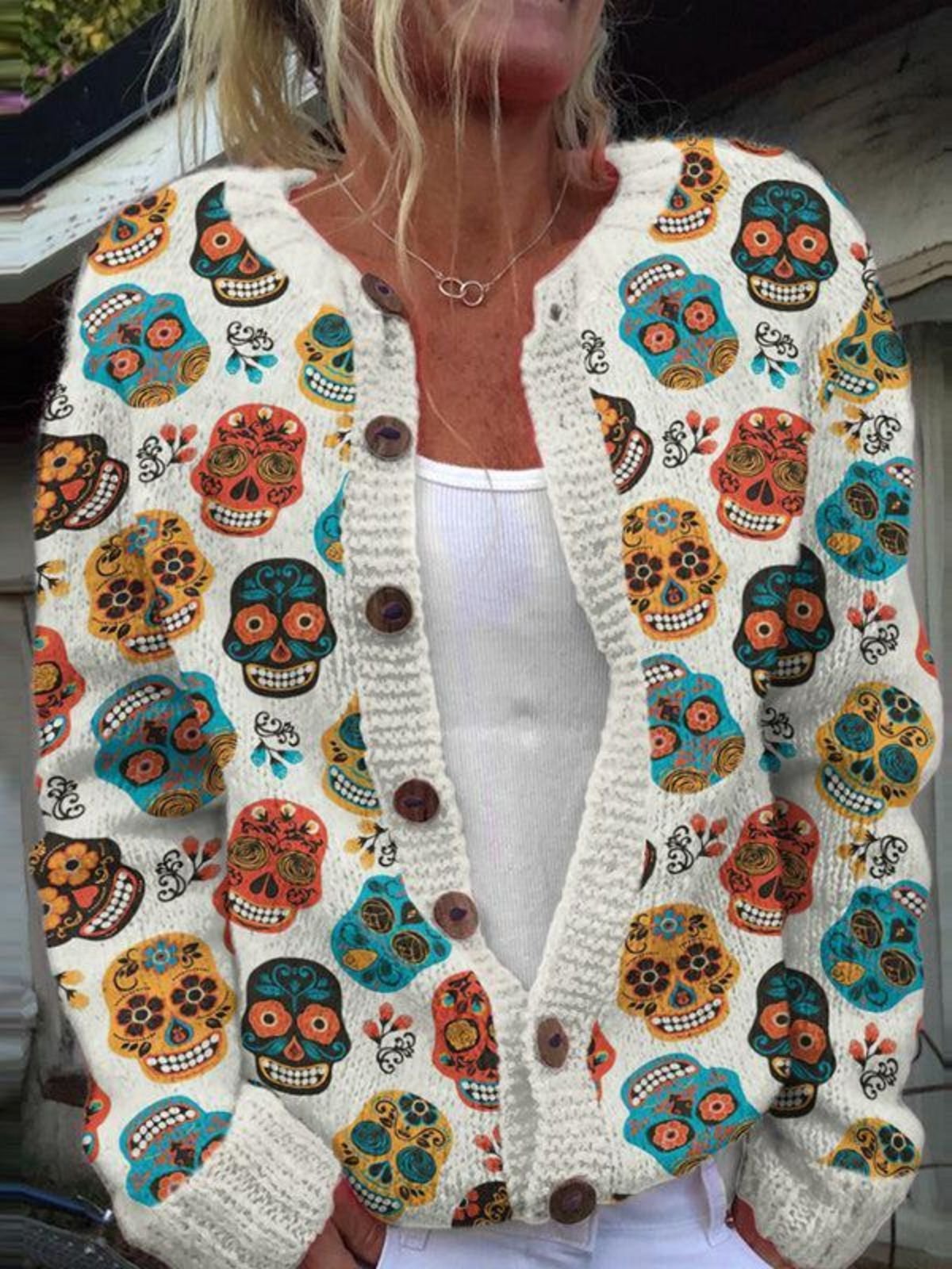 Women Halloween Skull Pattern Long Sleeve Comfy Casual Cardigan