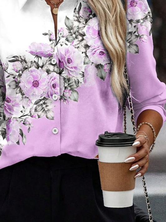 Shirt Collar Regular Sleeve Long Sleeve Floral Buckle Regular Loose Button Up Shirt Shirt For Women