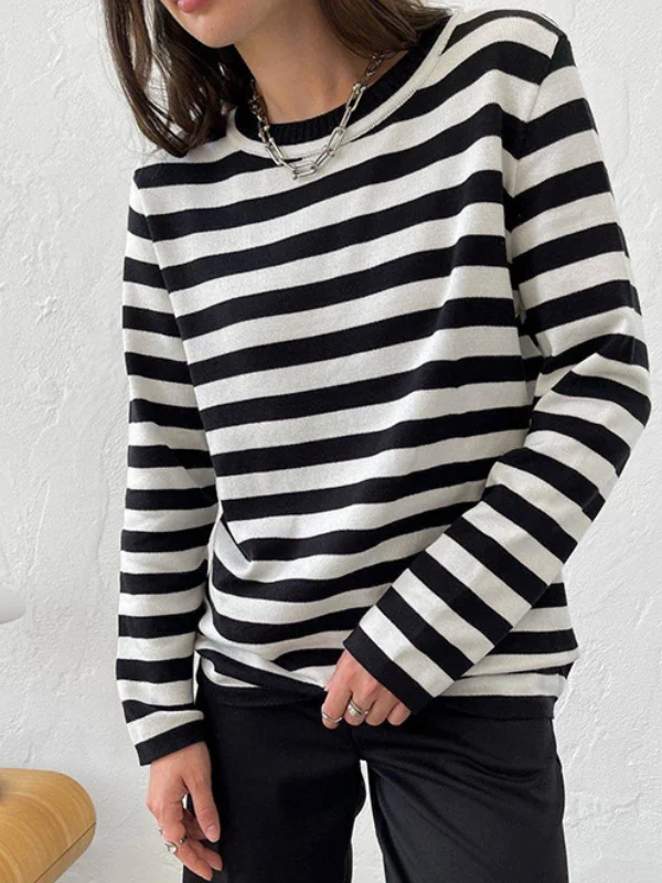Women Striped Long Sleeve Comfy Street Split Joint Sweater