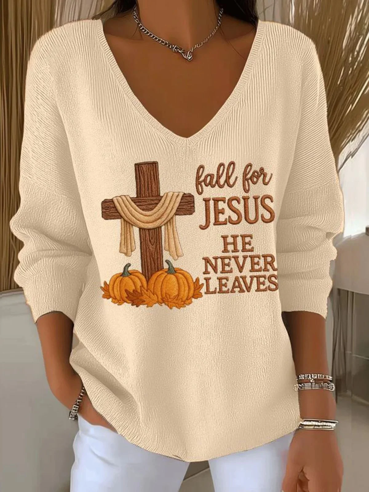 Women Cotton Jesus Copy Long Sleeve Comfy Casual Sweater