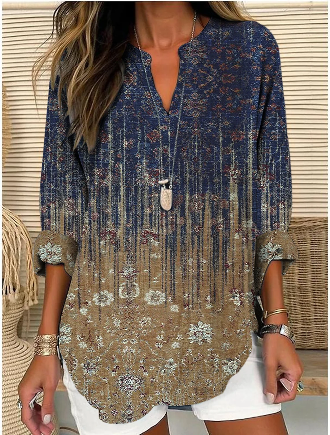 Shawl Collar Half Sleeve Striped Regular Loose Blouse For Women