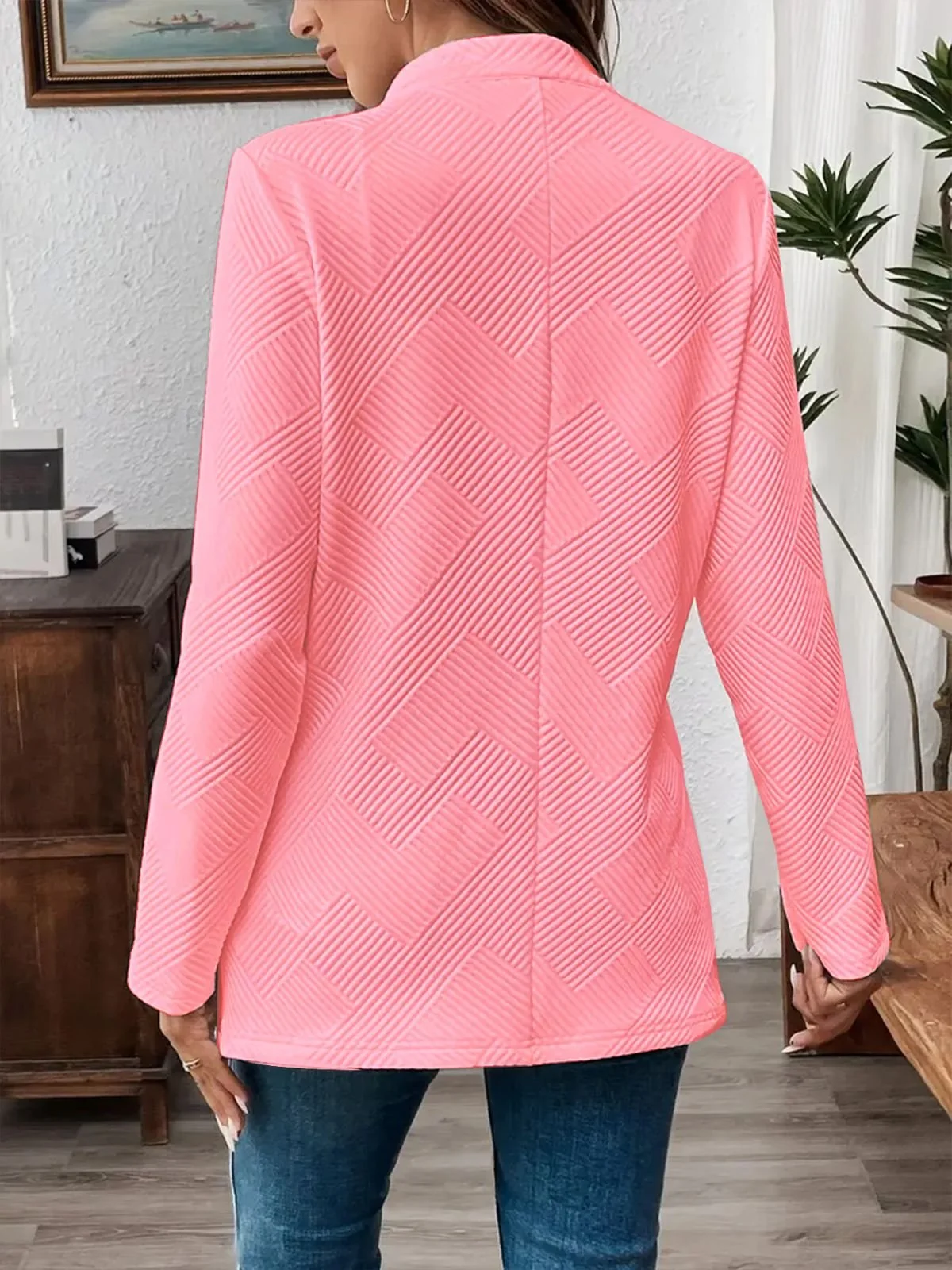 Women Plain Spring/Fall Outerwear Casual Long Sleeve Stand Collar Mid-long Blazer