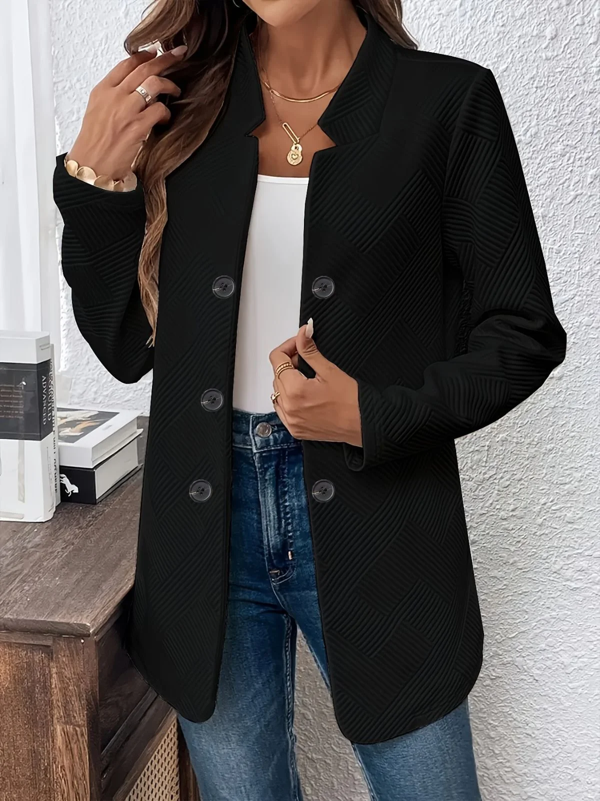 Women Plain Spring/Fall Outerwear Casual Long Sleeve Stand Collar Mid-long Blazer