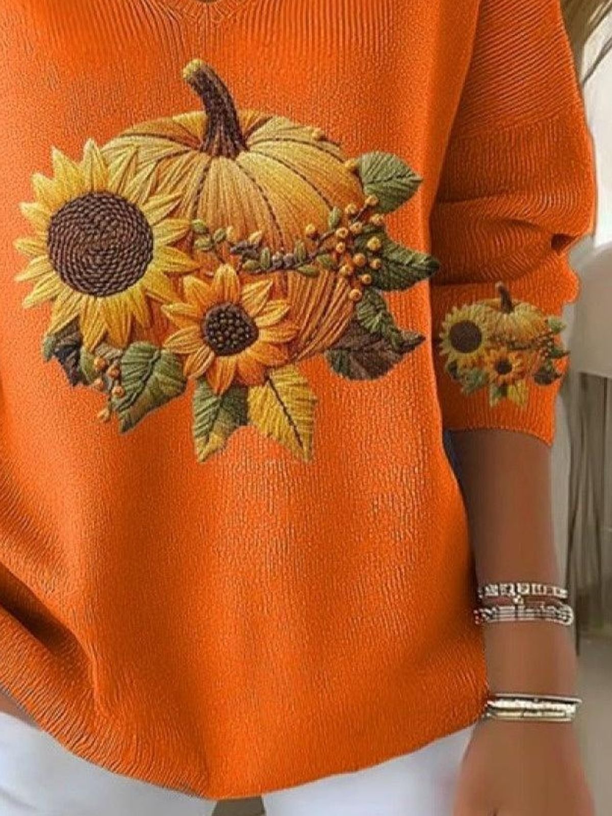 Women Cotton Sunflower And Pumpkin Long Sleeve Comfy Casual Sweater