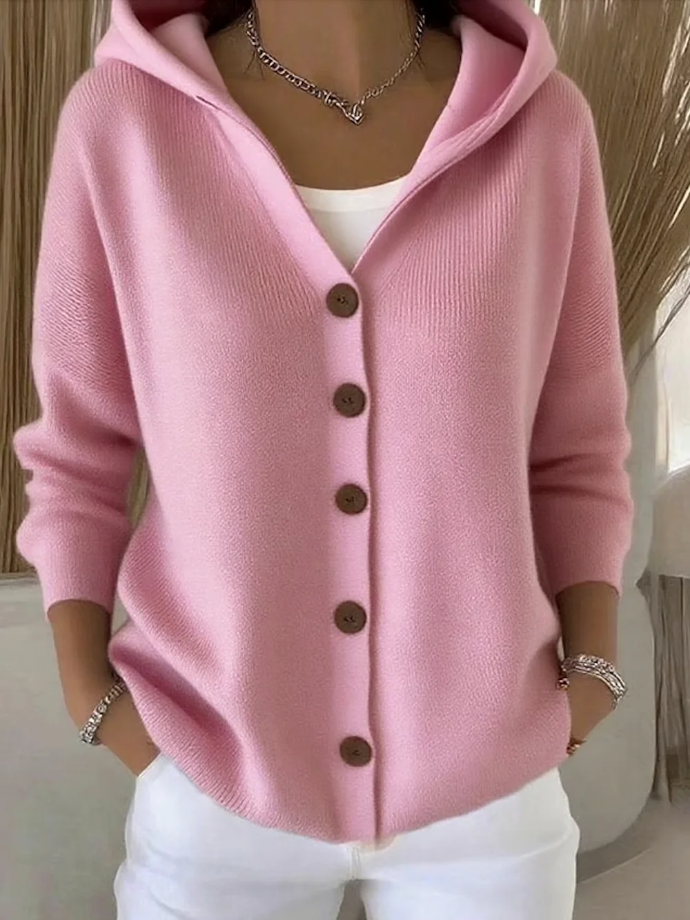 Women Cotton Plain Long Sleeve Comfy Casual Cardigan