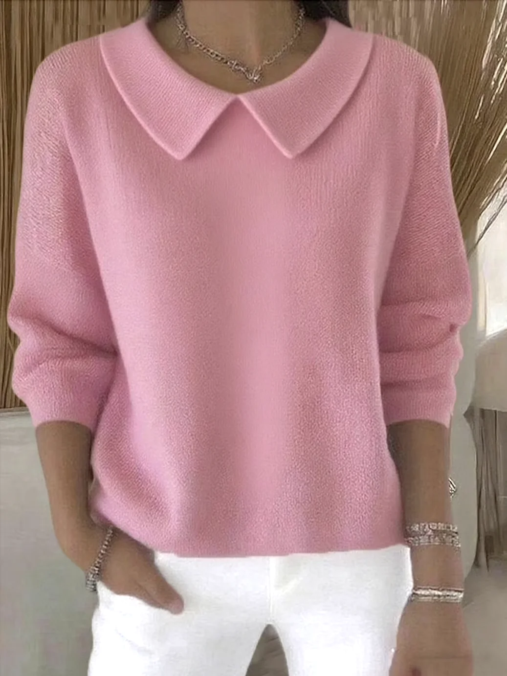 Women Cotton Plain Long Sleeve Comfy Casual Sweater