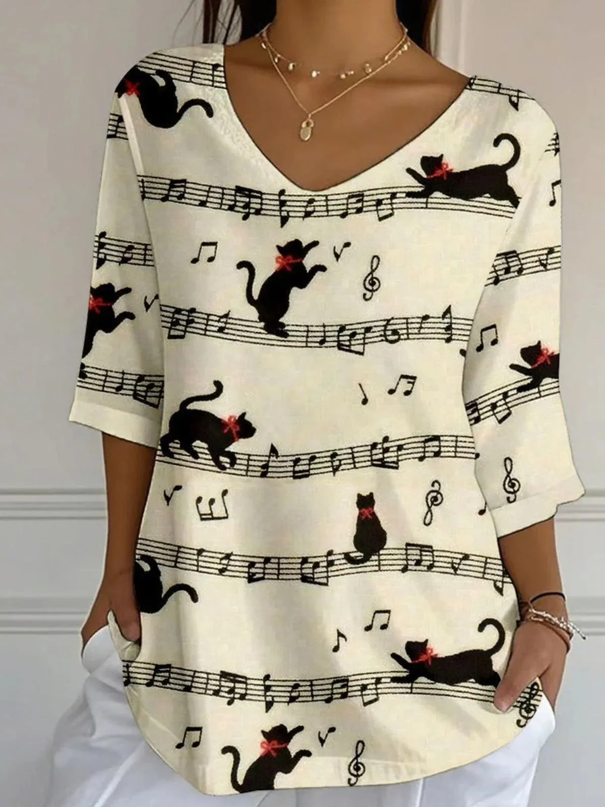 Vintage Cat And Music Art Print Crew Neck Three Quarter Sleeve T-shirt