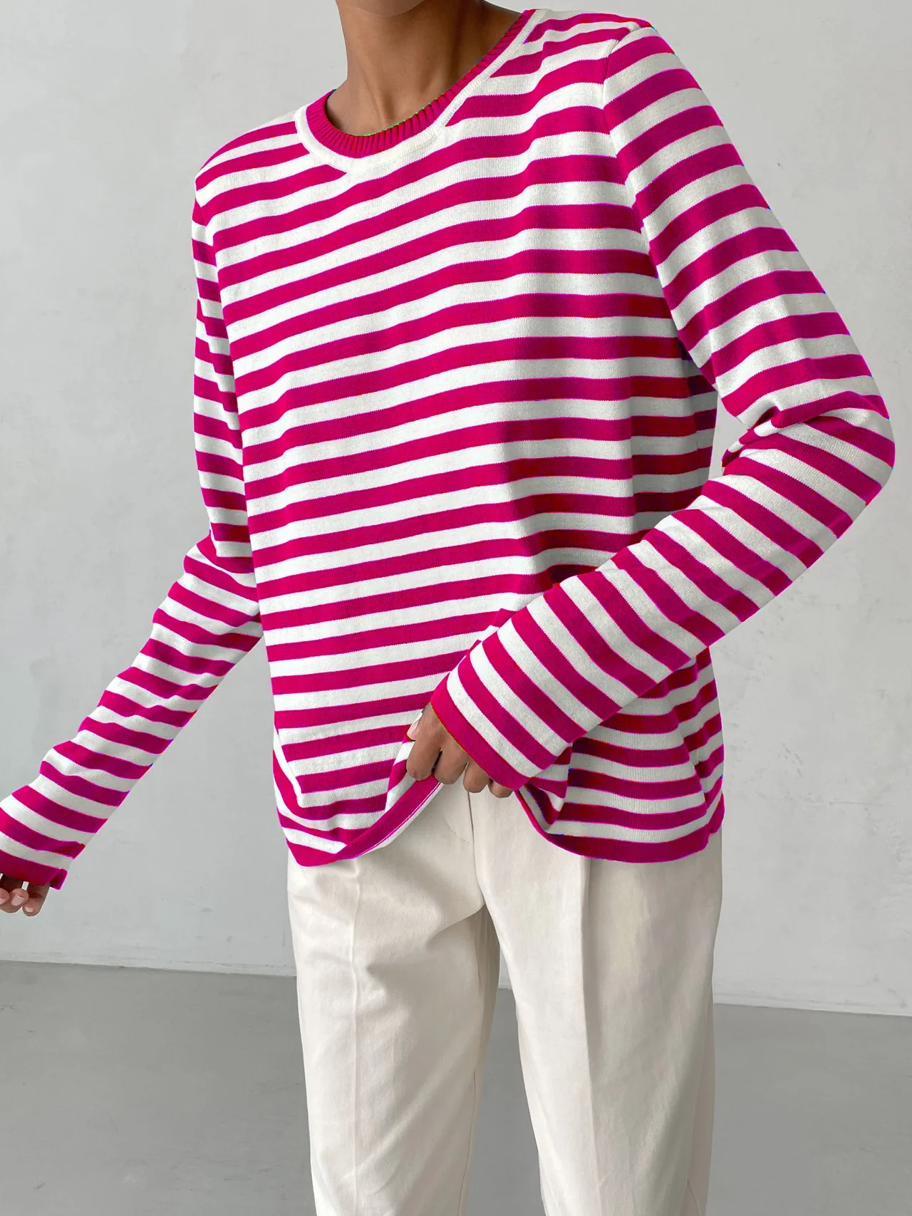Women Striped Long Sleeve Comfy Street Split Joint Sweater
