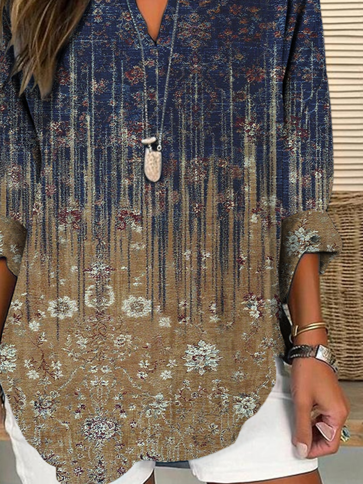 Shawl Collar Half Sleeve Striped Regular Loose Blouse For Women