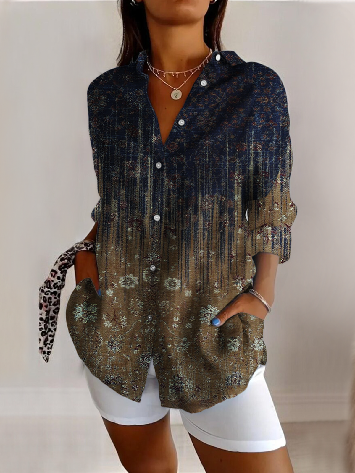 V Neck Long Sleeve Striped Regular Micro-Elasticity Regular Fit Shirt For Women