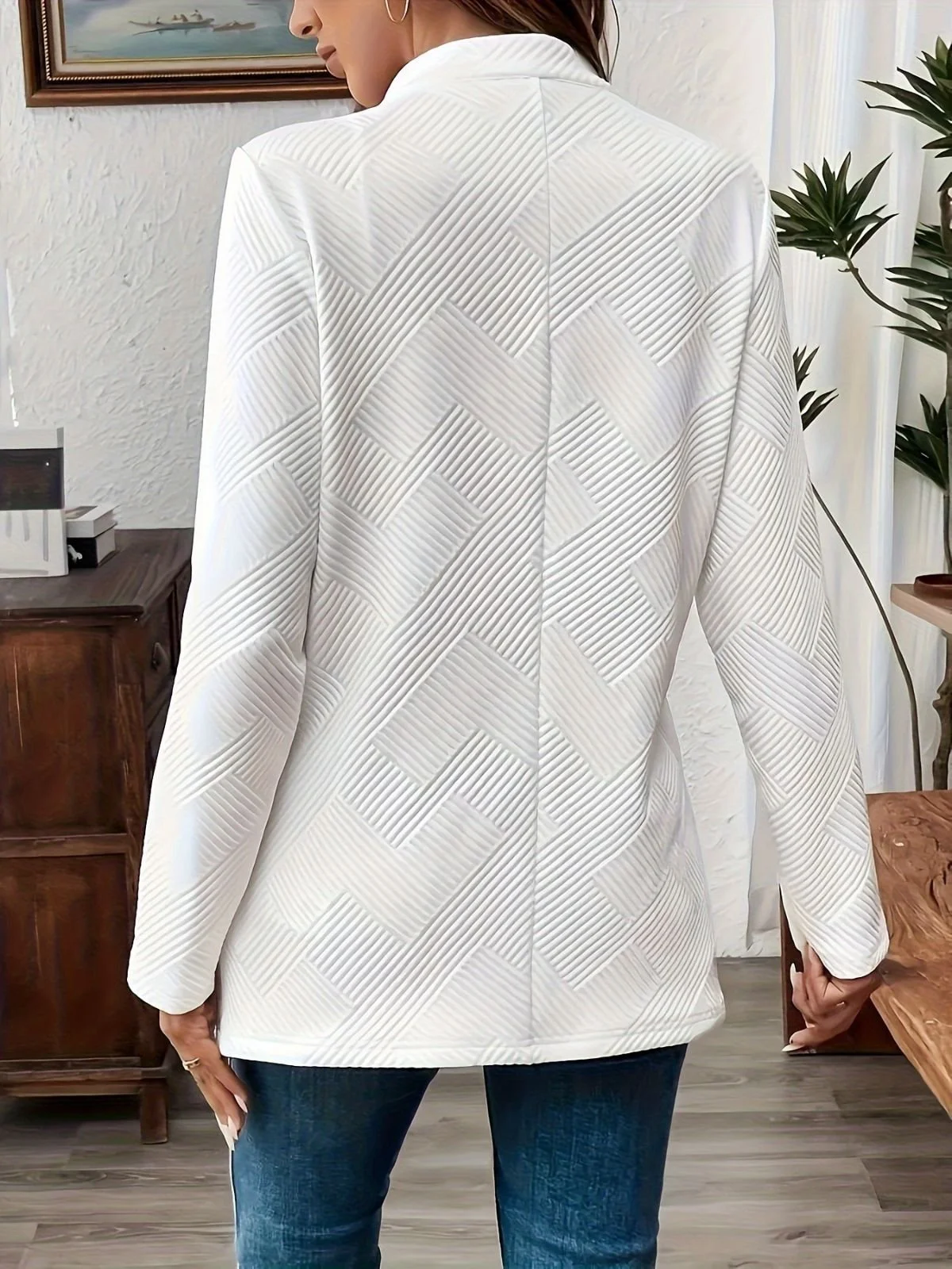 Women Plain Spring/Fall Outerwear Casual Long Sleeve Stand Collar Mid-long Blazer
