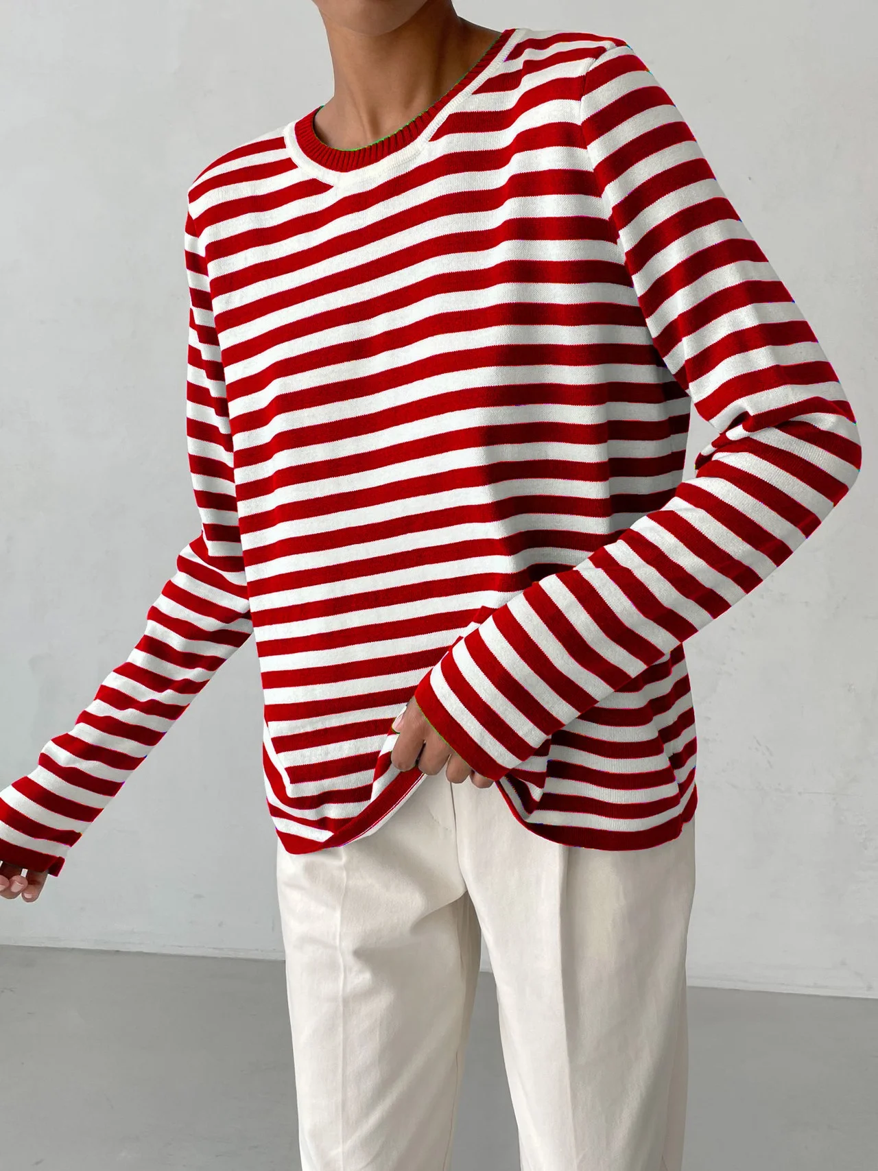 Women Striped Long Sleeve Comfy Street Split Joint Sweater