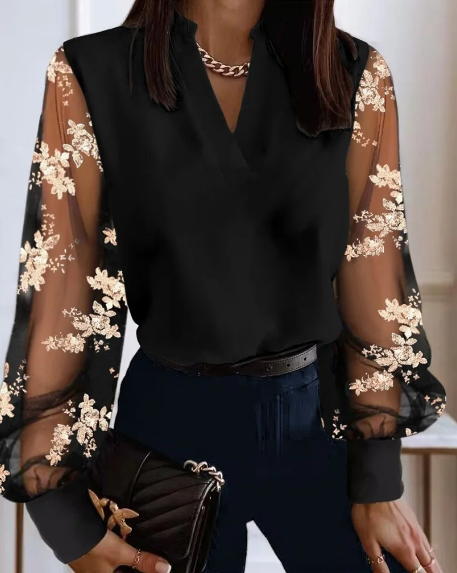 V Neck Balloon Sleeve Long Sleeve Color Block Split Joint Regular Micro-Elasticity Loose Tunic Shirt For Women