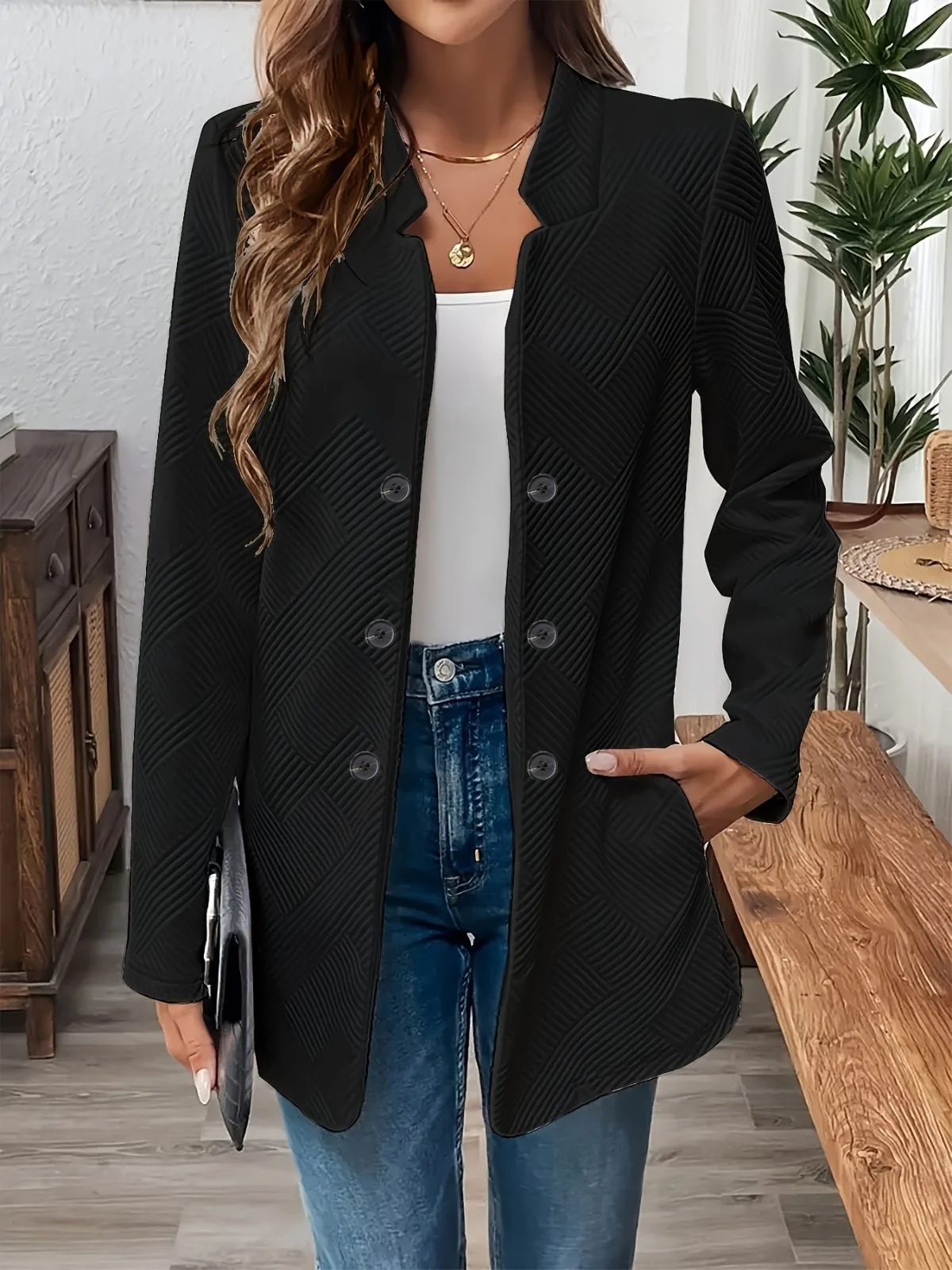 Women Plain Spring/Fall Outerwear Casual Long Sleeve Stand Collar Mid-long Blazer