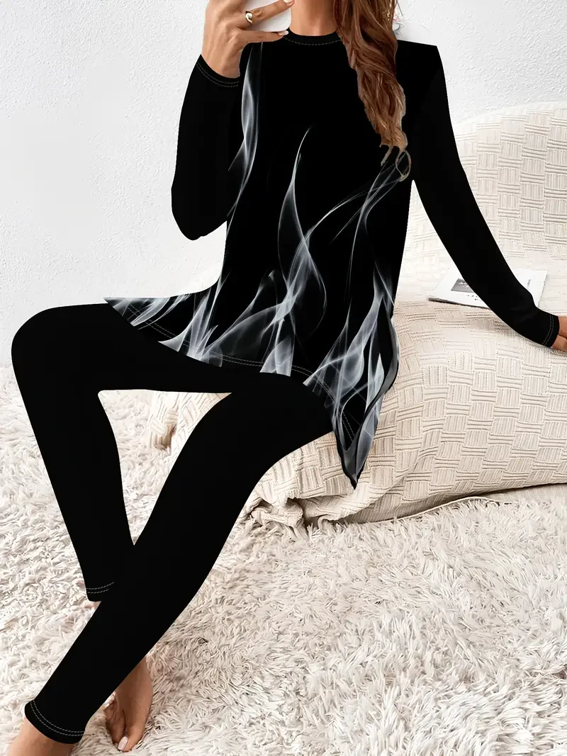 Women Abstract Printing Two-Piece Set Daily Long Sleeve Casual Spring/Fall Top With Pants Matching Set