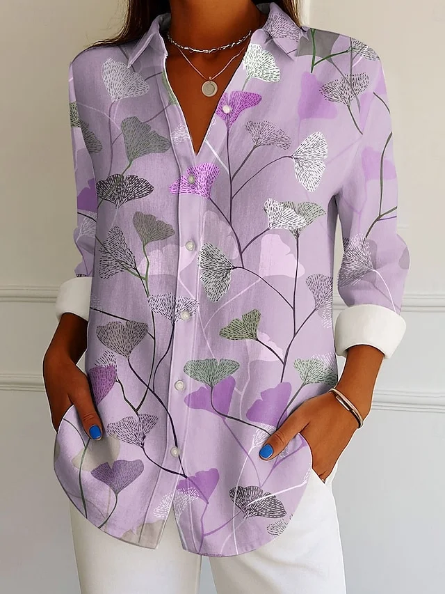 V Neck Long Sleeve Abstract Graphic Regular Micro-Elasticity Regular Fit Shirt For Women