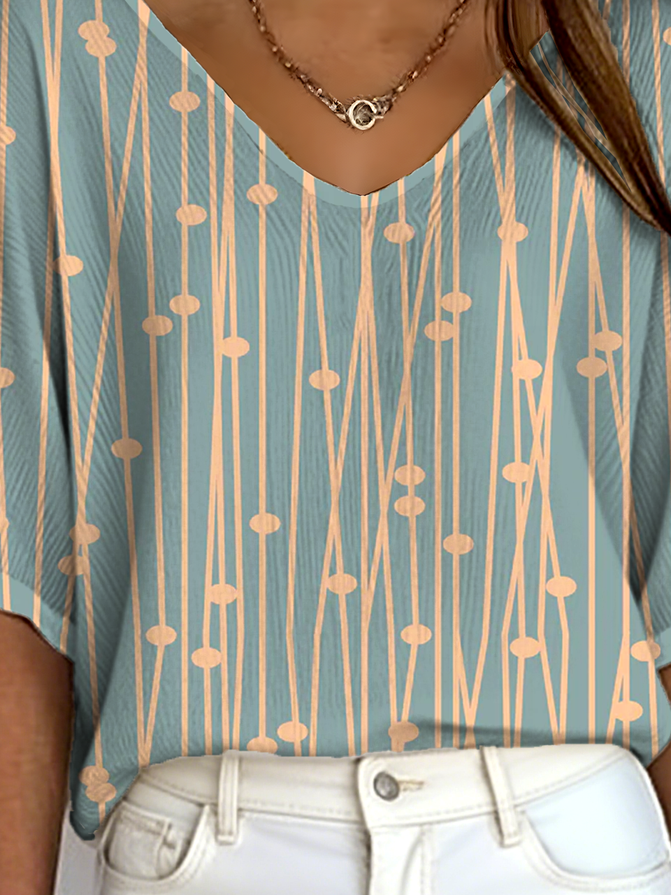 Vintage Striped V Neck Three Quarter Sleeve T-shirt