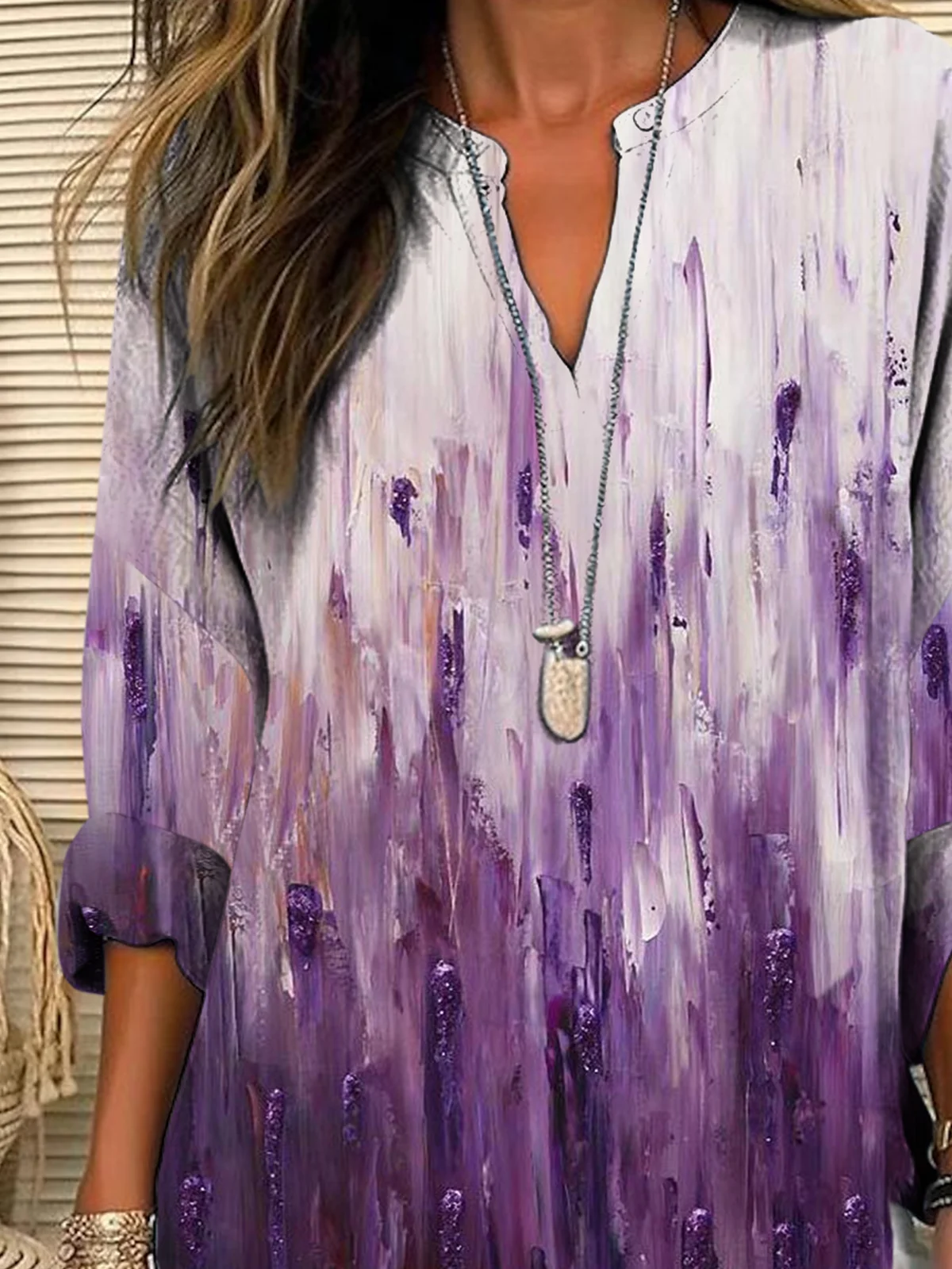 Shawl Collar Half Sleeve Striped Regular Loose Blouse For Women