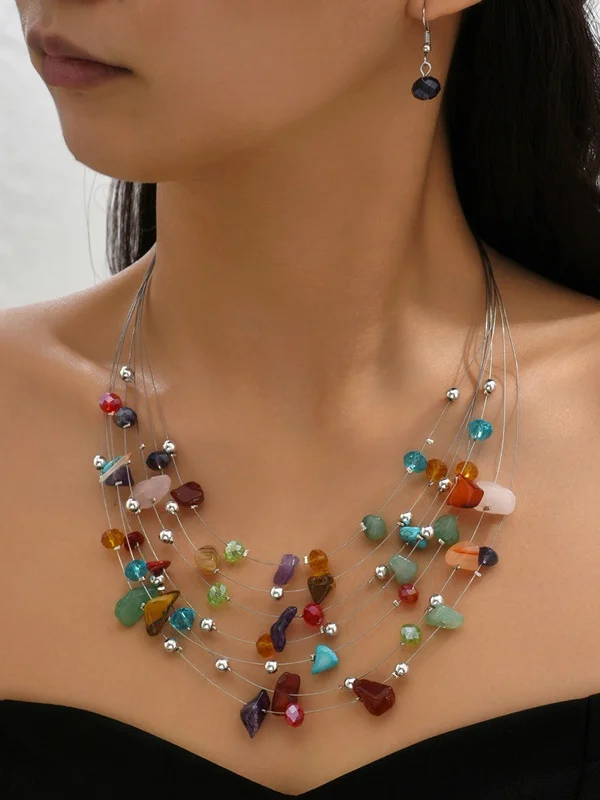 Multi-layer Exaggerated Bohemian Turquoise Crystal Necklace Earring Set