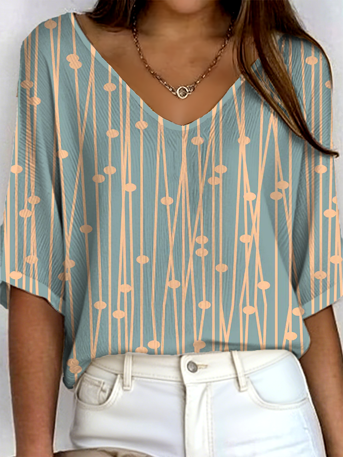 Vintage Striped V Neck Three Quarter Sleeve T-shirt