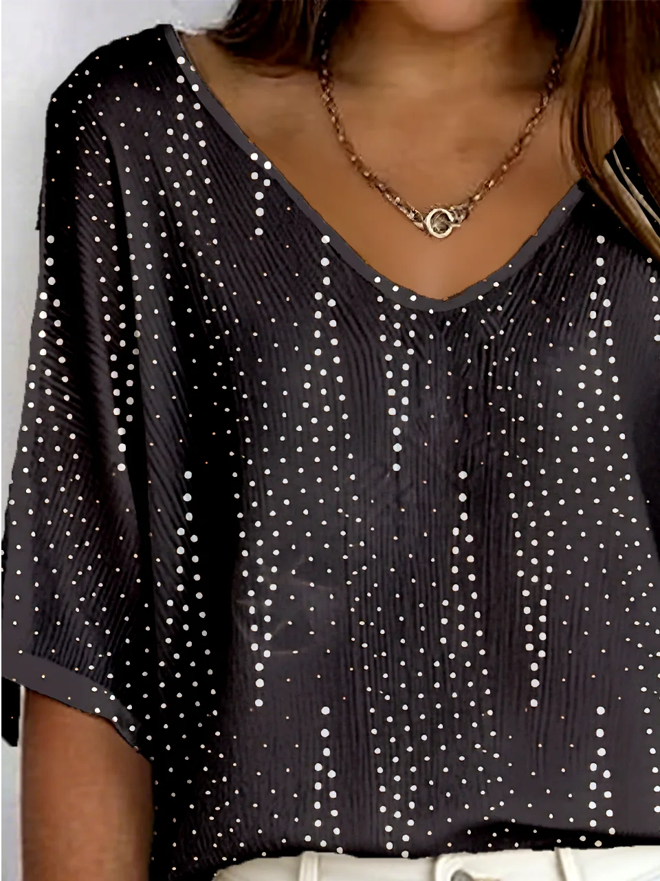 Vintage Polka Dots V Neck Three Quarter Sleeve T-shirt