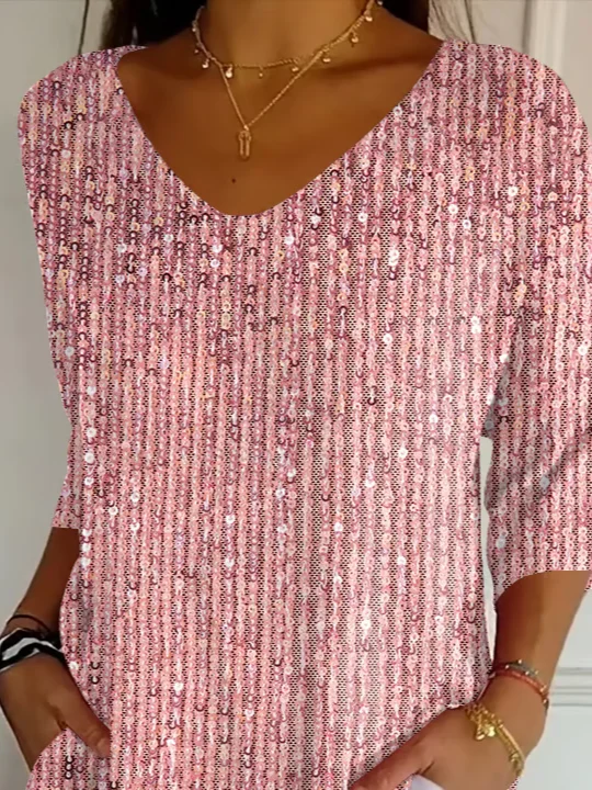 Holiday Casual 3D Sequin Print V Neck 3/4 Length Sleeve T-shirt