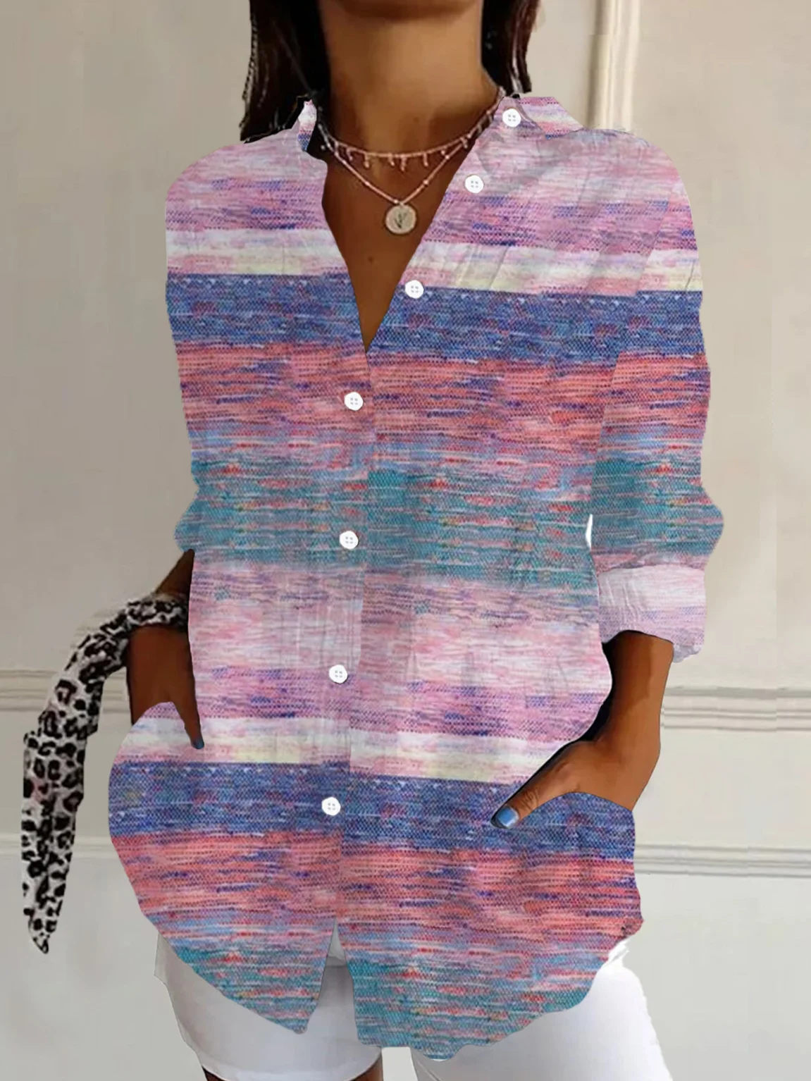 Shirt Collar Regular Sleeve Long Sleeve Abstract Stripes Buckle Regular Loose Button Up Shirt Shirt For Women